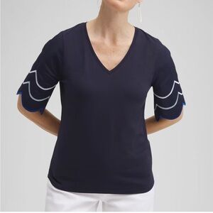 Chico's Embroidered Short Scalloped Sleeve Top Tee Size 4/XXL Blue V-neck